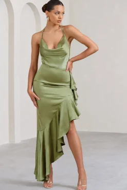 Lady Rosselini | Olive Strappy Asymmetric Ruffled Maxi Dress