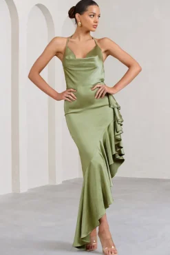 Lady Rosselini | Olive Strappy Asymmetric Ruffled Maxi Dress
