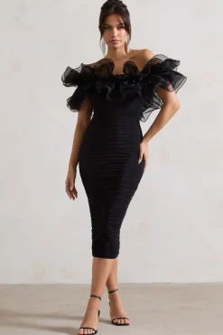 Ladylike | Black Ruched Bardot Midi Dress With Organza Trim