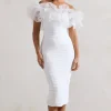 Ladylike | White Ruched Bardot Midi Dress With Organza Trim