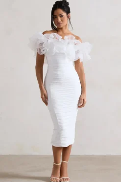 Ladylike | White Ruched Bardot Midi Dress With Organza Trim