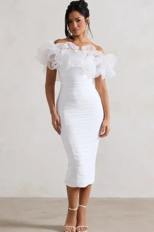 Ladylike | White Ruched Bardot Midi Dress With Organza Trim