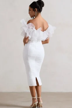 Ladylike | White Ruched Bardot Midi Dress With Organza Trim