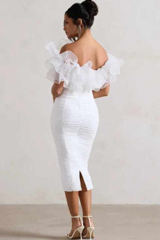 Ladylike | White Ruched Bardot Midi Dress With Organza Trim