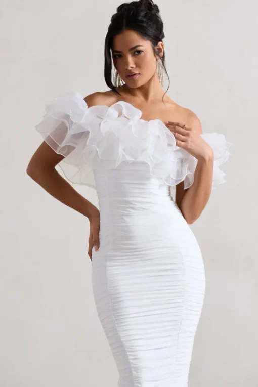 Ladylike | White Ruched Bardot Midi Dress With Organza Trim