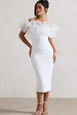 Ladylike | White Ruched Bardot Midi Dress With Organza Trim