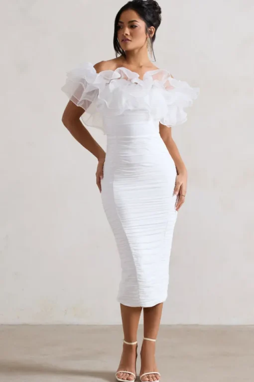 Ladylike | White Ruched Bardot Midi Dress With Organza Trim