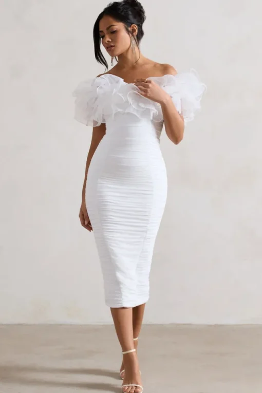 Ladylike | White Ruched Bardot Midi Dress With Organza Trim