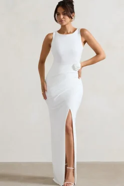 Lainey | White Wrap Maxi Dress With Floral Corsage