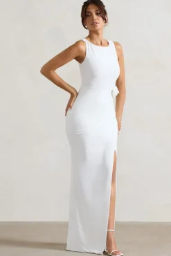 Lainey | White Wrap Maxi Dress With Floral Corsage