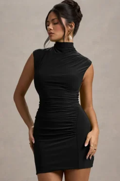 Lalani | Black Ruched High-Neck Mini Dress