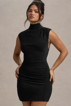 Lalani | Black Ruched High-Neck Mini Dress