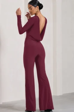 Lana | Burgundy Long-Sleeved Flared-Leg Jumpsuit