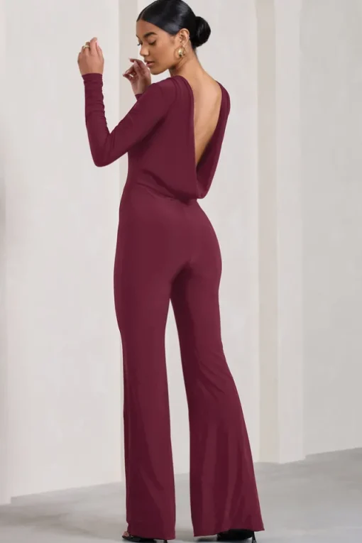 Lana | Burgundy Long-Sleeved Flared-Leg Jumpsuit