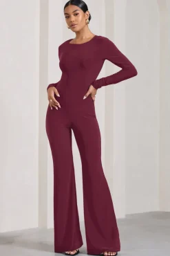 Lana | Burgundy Long-Sleeved Flared-Leg Jumpsuit