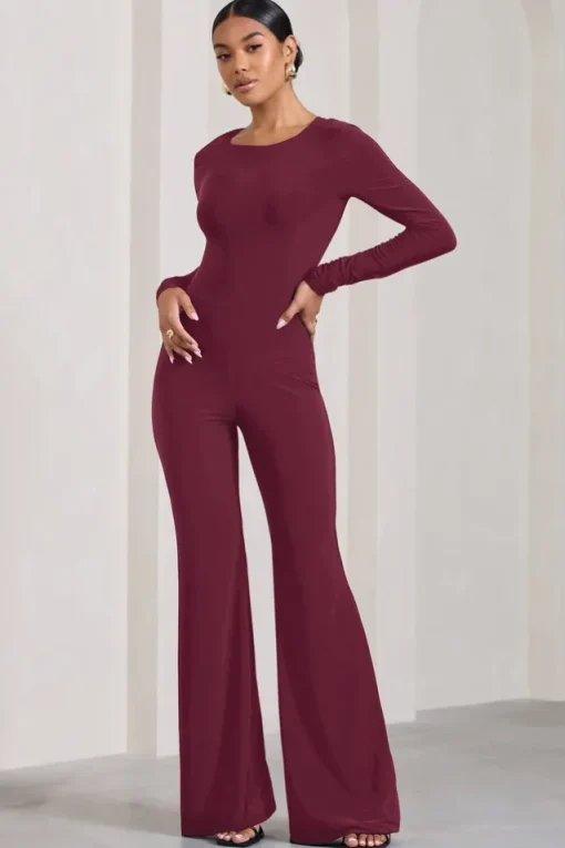Lana | Burgundy Long-Sleeved Flared-Leg Jumpsuit