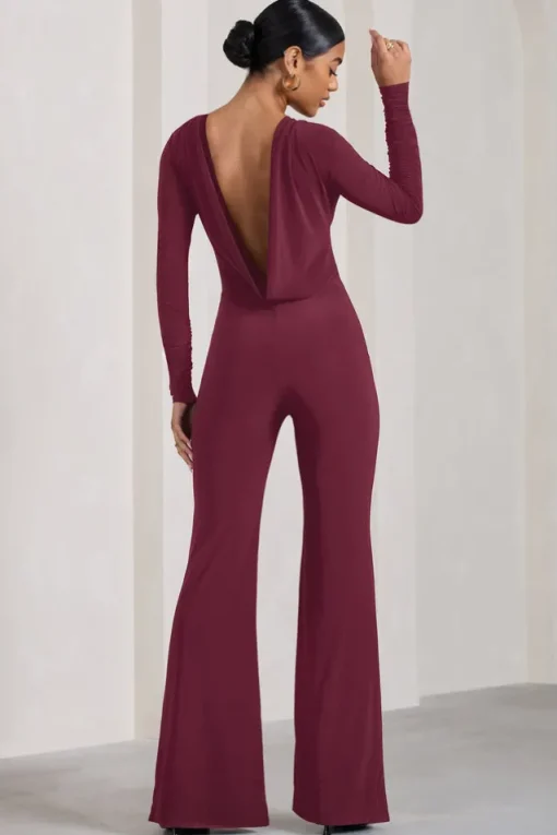 Lana | Burgundy Long-Sleeved Flared-Leg Jumpsuit