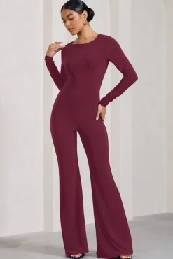 Lana | Burgundy Long-Sleeved Flared-Leg Jumpsuit