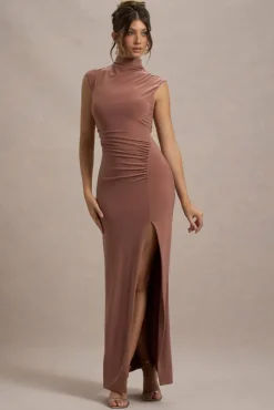 Lanetta | Chestnut Brown Ruched High-Neck Maxi Dress With Split