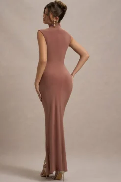 Lanetta | Chestnut Brown Ruched High-Neck Maxi Dress With Split