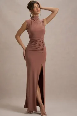 Lanetta | Chestnut Brown Ruched High-Neck Maxi Dress With Split