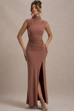 Lanetta | Chestnut Brown Ruched High-Neck Maxi Dress With Split