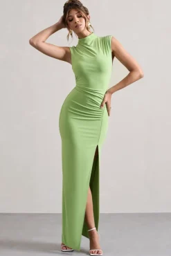 Lanetta | Light Green Ruched High-Neck Maxi Dress With Split