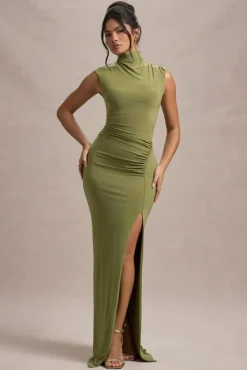 Lanetta | Olive Ruched High-Neck Maxi Dress With Split