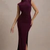 Lanetta | Plum Ruched High-Neck Maxi Dress With Split