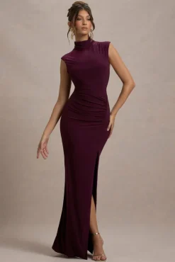 Lanetta | Plum Ruched High-Neck Maxi Dress With Split