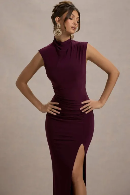 Lanetta | Plum Ruched High-Neck Maxi Dress With Split