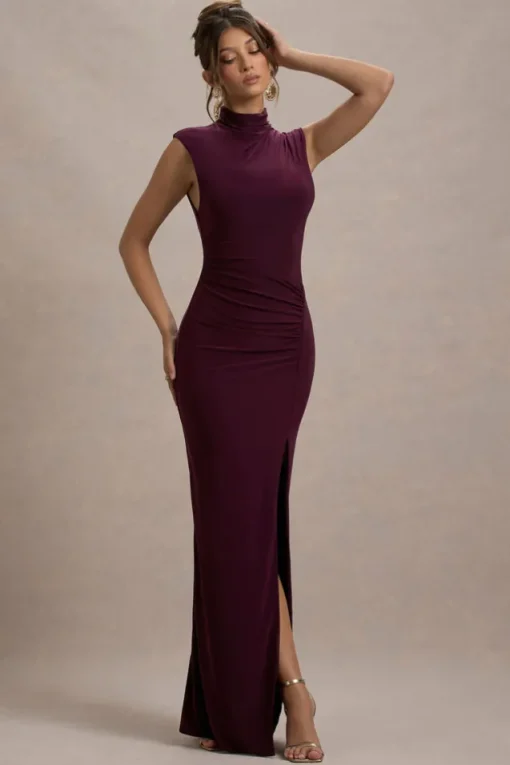 Lanetta | Plum Ruched High-Neck Maxi Dress With Split