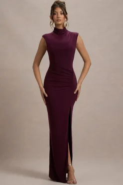Lanetta | Plum Ruched High-Neck Maxi Dress With Split