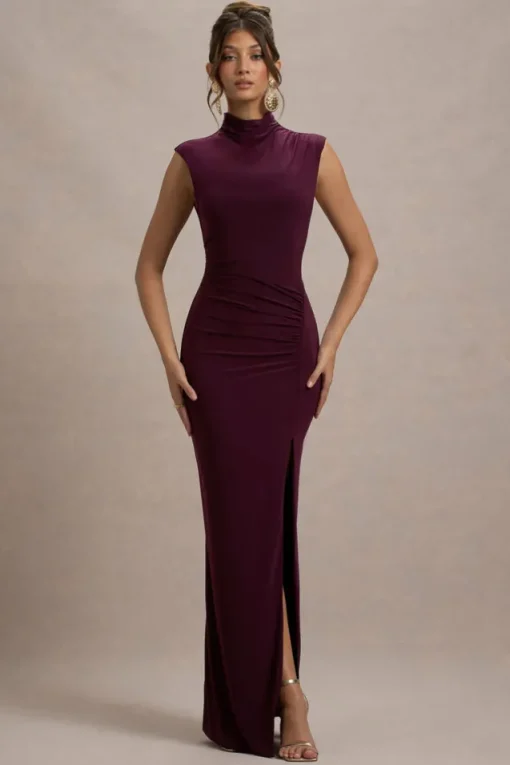 Lanetta | Plum Ruched High-Neck Maxi Dress With Split