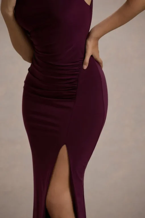 Lanetta | Plum Ruched High-Neck Maxi Dress With Split