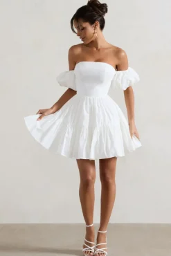 Lani | White Poplin Bardot Tiered Mini Dress With Puff Sleeves