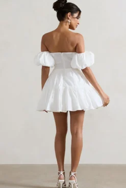 Lani | White Poplin Bardot Tiered Mini Dress With Puff Sleeves