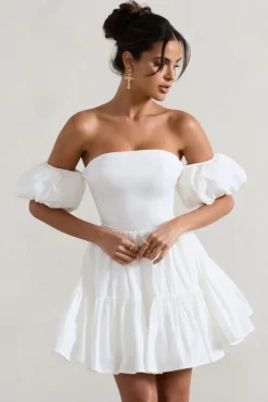 Lani | White Poplin Bardot Tiered Mini Dress With Puff Sleeves