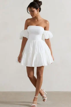 Lani | White Poplin Bardot Tiered Mini Dress With Puff Sleeves