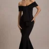 Lantana | Black Bardot Fishtail Maxi Dress With Drape