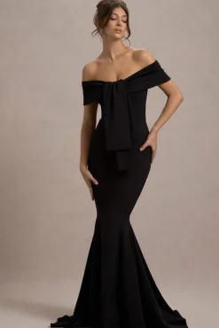 Lantana | Black Bardot Fishtail Maxi Dress With Drape