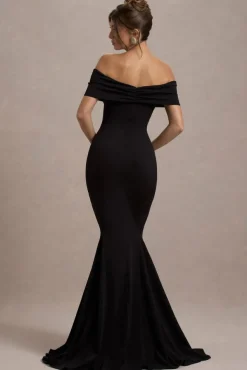 Lantana | Black Bardot Fishtail Maxi Dress With Drape
