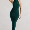 Larisa | Bottle Green Cowl Halter-Neck Maxi Dress With Back Detail