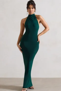 Larisa | Bottle Green Cowl Halter-Neck Maxi Dress With Back Detail