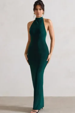 Larisa | Bottle Green Cowl Halter-Neck Maxi Dress With Back Detail