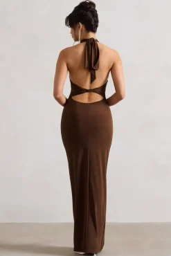 Larisa | Dark Brown Cowl Halter-Neck Maxi Dress With Back Detail