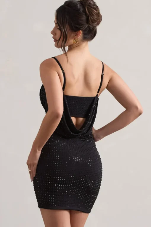Last Dance | Black Embellished Strappy Cowl-Neck Mini Dress