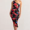 Late Night | Black Floral Print Asymmetric One Shoulder Ruched Midi Dress