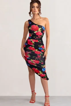 Late Night | Black Floral Print Asymmetric One Shoulder Ruched Midi Dress