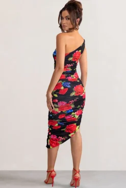 Late Night | Black Floral Print Asymmetric One Shoulder Ruched Midi Dress